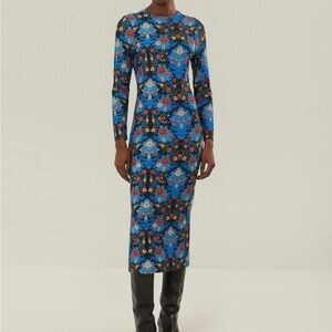 FARM Rio Vibrant Blue Floral Long Sleeve MIDI